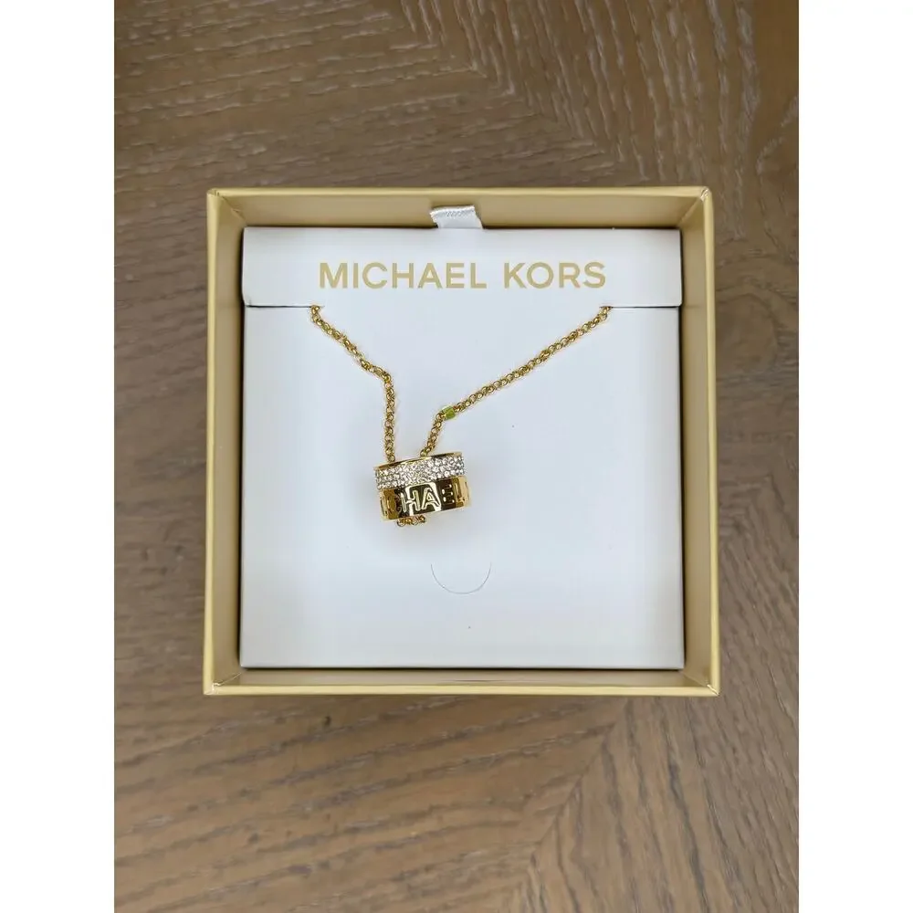 Michael Kors Gold Tone Barrel Pendant Necklace Crystal Logo MKJ0181710B New Box - Picture 3 of 5